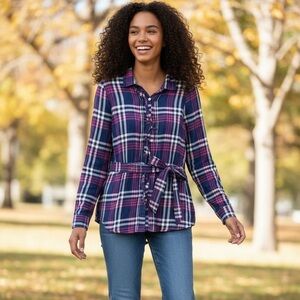 American Eagle Plaid Button Up Shirt Navy Pink Tie Back Size 14